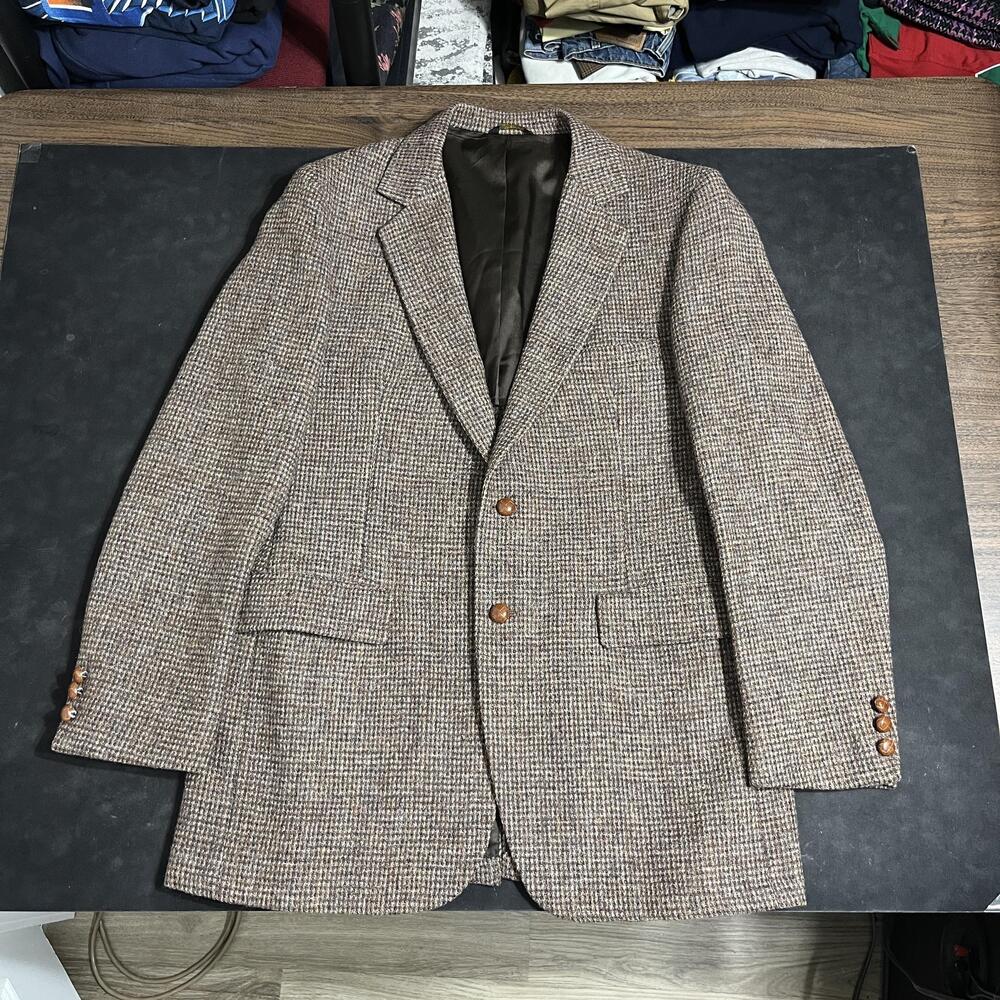 Vintage Harris Tweed Blazer Mens 42L Brown Check Wool Sport Coat Orvis 80s USA